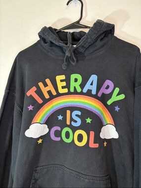 Therapy Is Cool 2XL Graphic Hoodie Rainbow Pride Feelings Therapist Gift Cozy